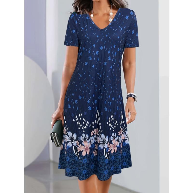 Sommer Damen Blumenmuster Mode Pendelstil Elegant Outdoor Freizeit V-Ausschnitt Damenkleid