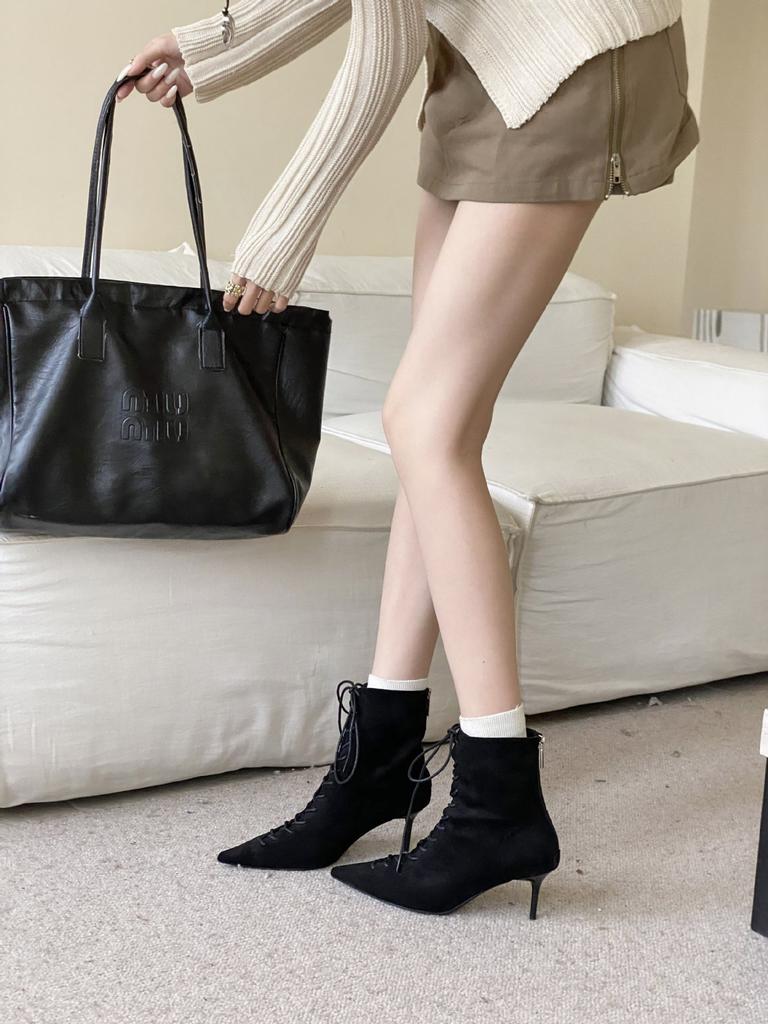 2025 autumn and winter new European and American pointed head thin heel high heel temperament French fashion sexy beautiful suede women's short boots