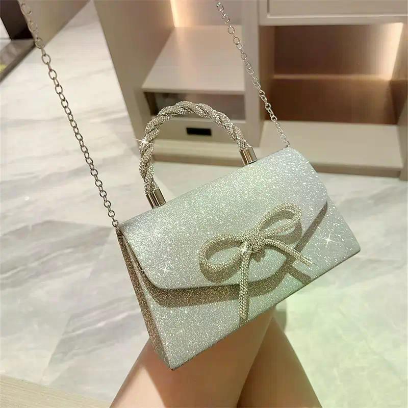 Women's Glitter Gold Silver Black Chain Crossbody Bag; Luxurious Rhineste Bow Evening Handbag and Clutch