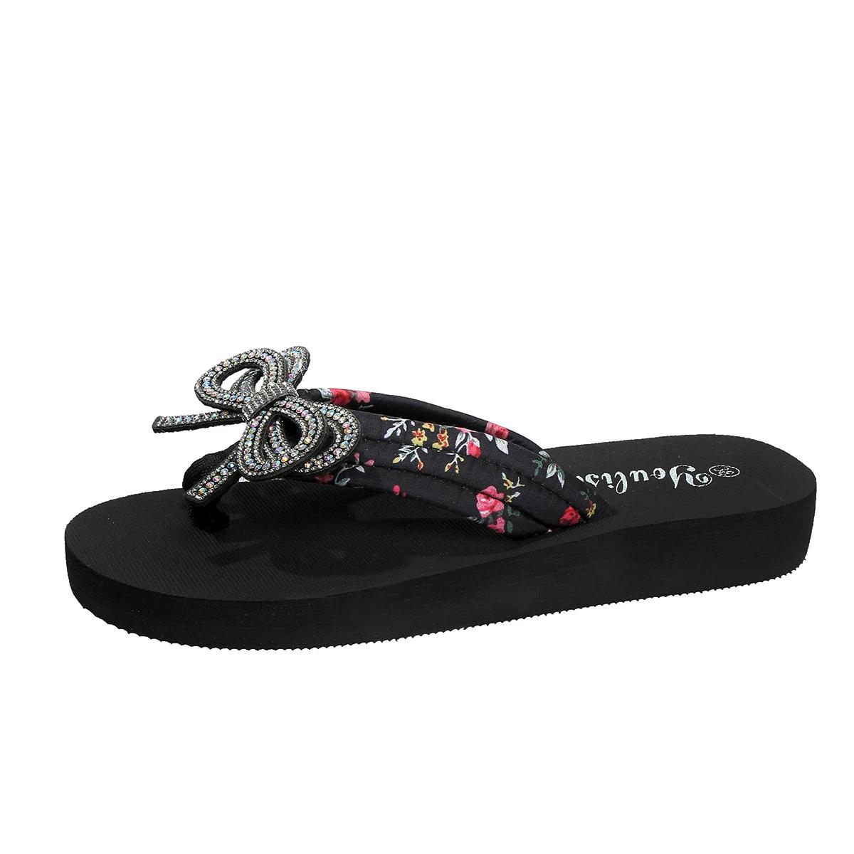 

Fashion Women Large Crystal Butterfly-Knot Clip Toe Sandals Multi-Color Print Floral Beach Flip Flops Beautiful Comfort Zapatos De Mujer 45 чёрный