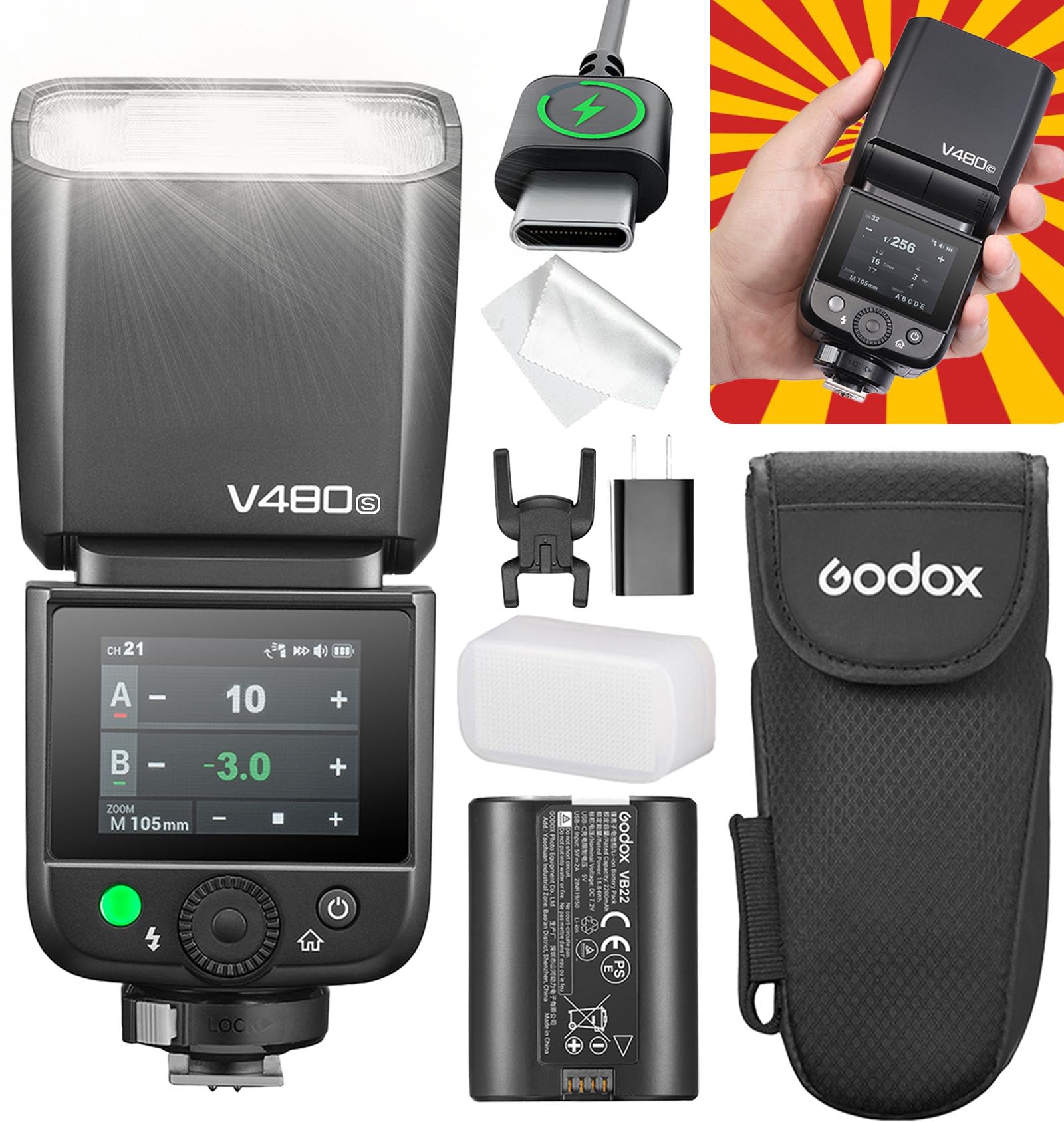 

Godox V480S TTL Camera Flash with LED Modeling 10 Brightness TTL Auto 650 Full Compatible with Sony Lithium-Ion Touchscreen, 2-inch Screen, Built-in