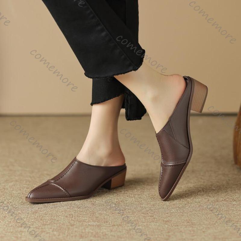 Comemore Sexy High Heel Mules Ladies Leather Sole Slippers Women Pointed Toe Casual Slip on Shoes for Woman Outdoor Half Slipper