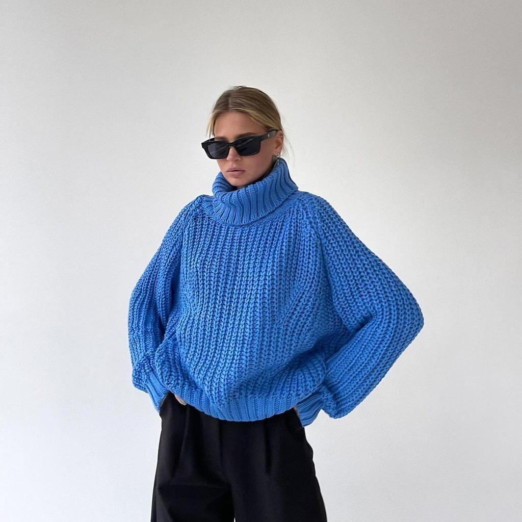 Autumn Winter Vintage Loose Long Sleeve Top Solid Color Pullover Knitwear Stand Collar Sweater