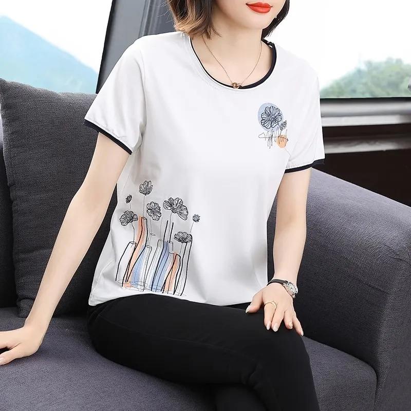 

Women White Floral Line Print Round Neck Contrast Trim Short Sleeve T Shirt M белый