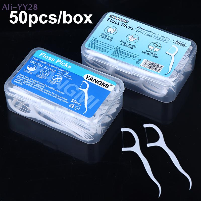 {YY28} 50Pcs/Box Portable Disposable Dental Floss High-tension Dental Floss Stick Plastic Toothpicks Fresh Smell Oral Care