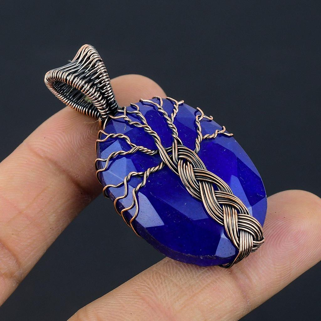 Blue Sapphire Pendant, Handmade Gemstone Pendant, 999 Copper Wire Wrapped Pendant Antique Jewelry, For Engagement Gift