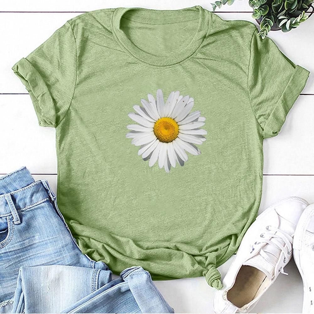 Summer Round Neck Daisy Pattern Printed Top Fashionable Casual Pure Cotton Short Sleeved Women's T-shirts