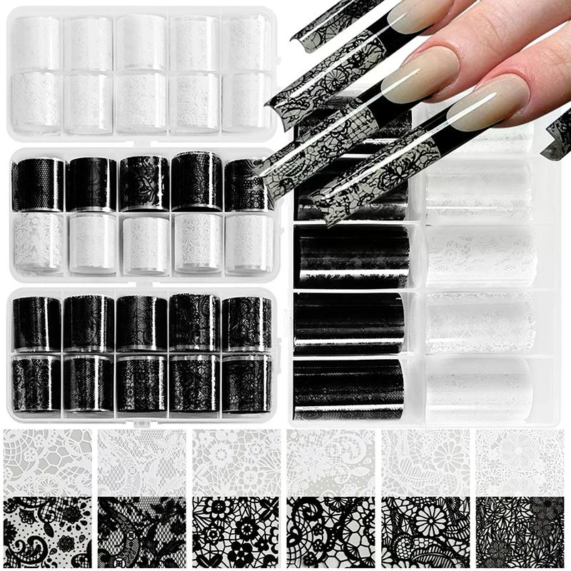 1/10 Roll Elegant Black White Lace Flower Nail Transfer Foils Fantasy Retro Floral Starry Sky Paper Sticker Manicure Accessories