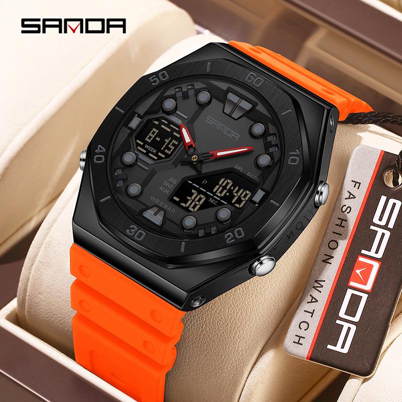 Sanda Men's Trendy Dual Display Casual Watch - Waterproof, Luminous, Octagonal Design with Countdown & Snooze Functions.