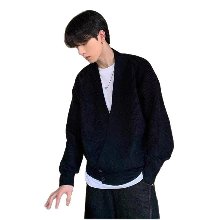 2025 Autumn/Winter Retro Casual V-Neck Men's Cardigan Sweater - Solid Color Knit Outerwear