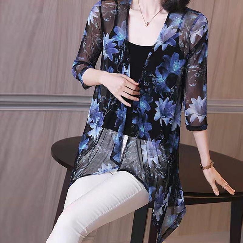 Women s Fashionable 7-Sleeve Mid-Length Shirt, Summer 2025, Elegant Print, Slimming, Sun Protection Medium