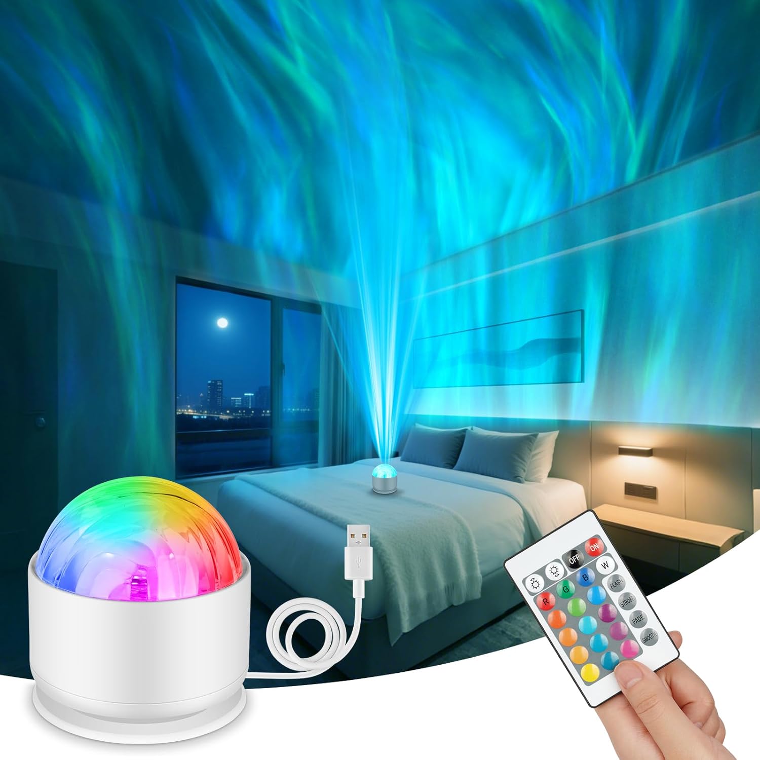 Проектор Северного Сияния 2-в-1, Проектор Ночного Света Аврора 16 Цветов, Пульт Дистанционного Управления, Проектор Галактики, USB-Зарядка, Проектор Океанских Волн для Детской Комнаты