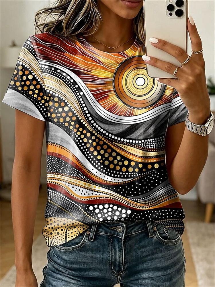 Women's Spring Summer Crew-Neck Short-Sleeve T-Shirt Soft-Toned Tie-Dye with Sun and Peace Symbols Casual Vacation Top