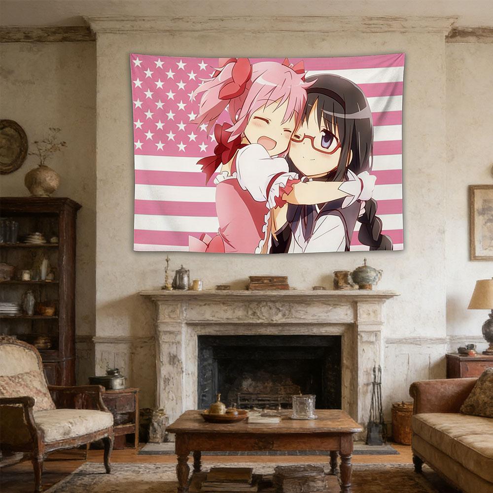 Arazzo Madoka & Homura che si abbracciano con bandiera USA, Stampa Poliestere da Appendere al Muro, Decorazione Kawaii Otaku per Camera da Letto e Soggiorno