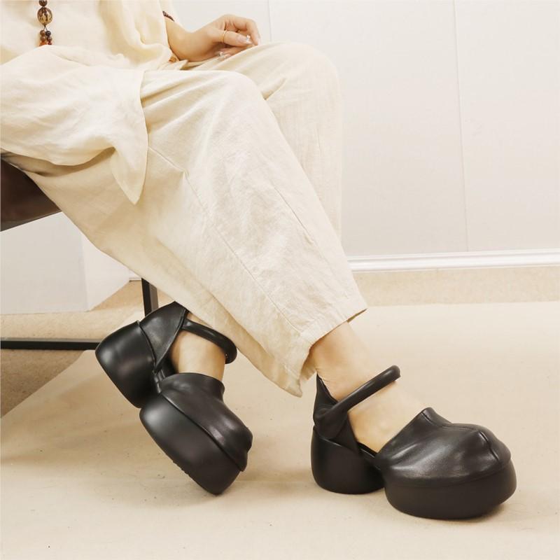 Johnature Vintage Genuine Leather Sandals Round Toe Solid Color Versatile Women's Platform Shoes