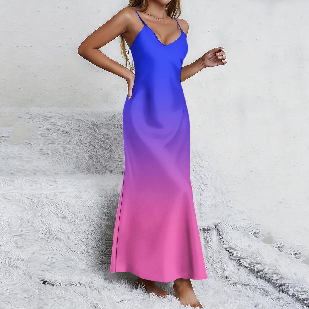 Maxi Abito Smanicato Sfumato con Spalline Sottili Regolabili Scollo a V Casual Vestibilità Larga Estivo Lungo