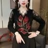 Autumn Women's V-Neck T-Shirt Printed Rhinestone Hollow Slim Fit Soft Stretch T-Shirt