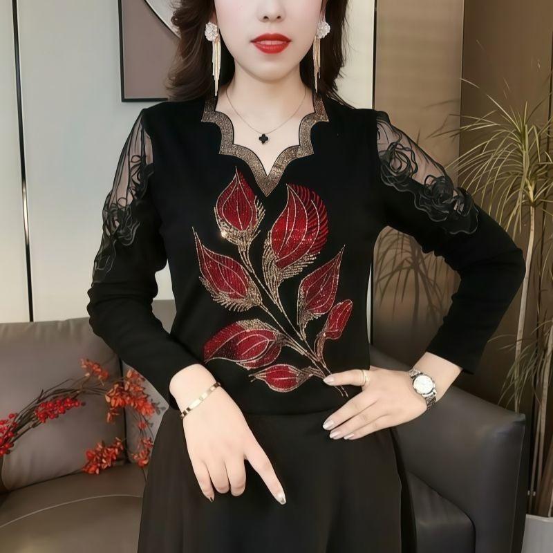 Autumn Women's V-Neck T-Shirt Printed Rhinestone Hollow Slim Fit Soft Stretch T-Shirt