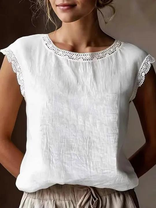 Foreign trade Amazon 2026 summer new lace edge women s fashion thin crew neck sleeveless jumper top S белый