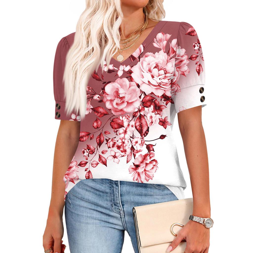 Womens Tops Short Sleeve Shirts Buttons V Neck  Fashion Outfits  Blouses  Casual