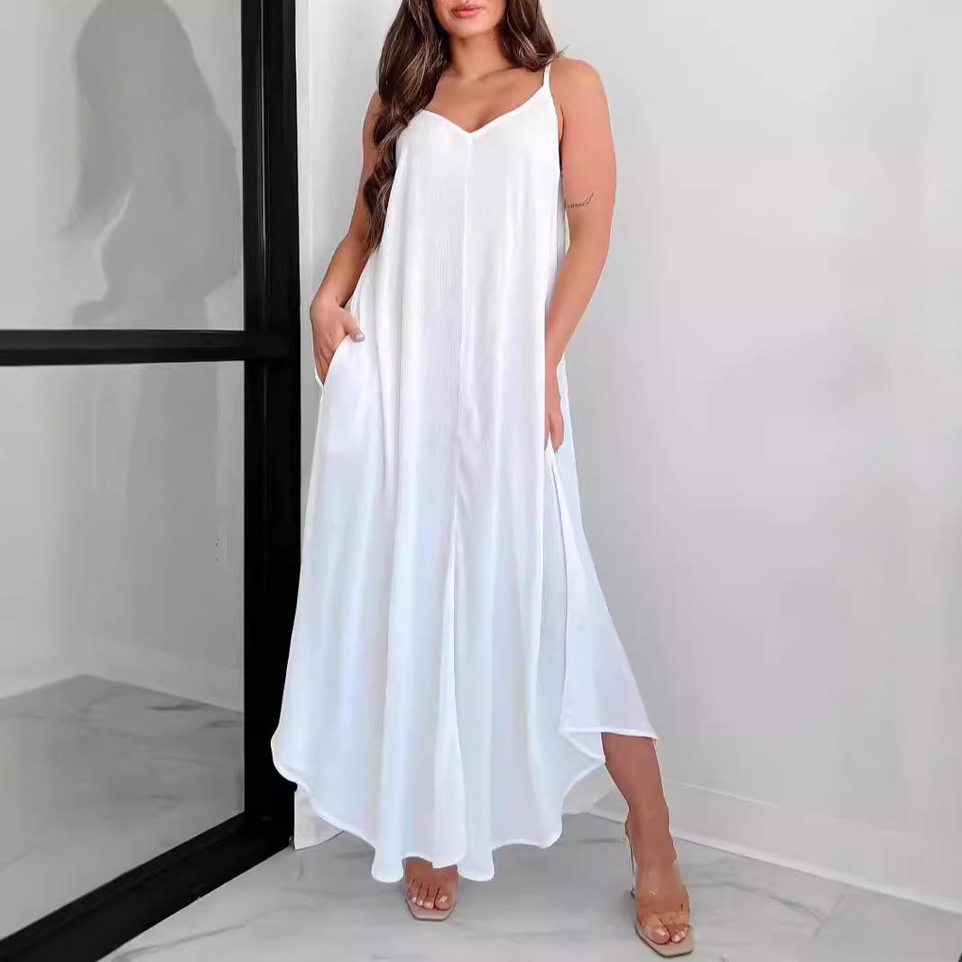 

Женское однотонное повседневное свободное длинное платье с V-образным вырезом на подтяжках XL белый