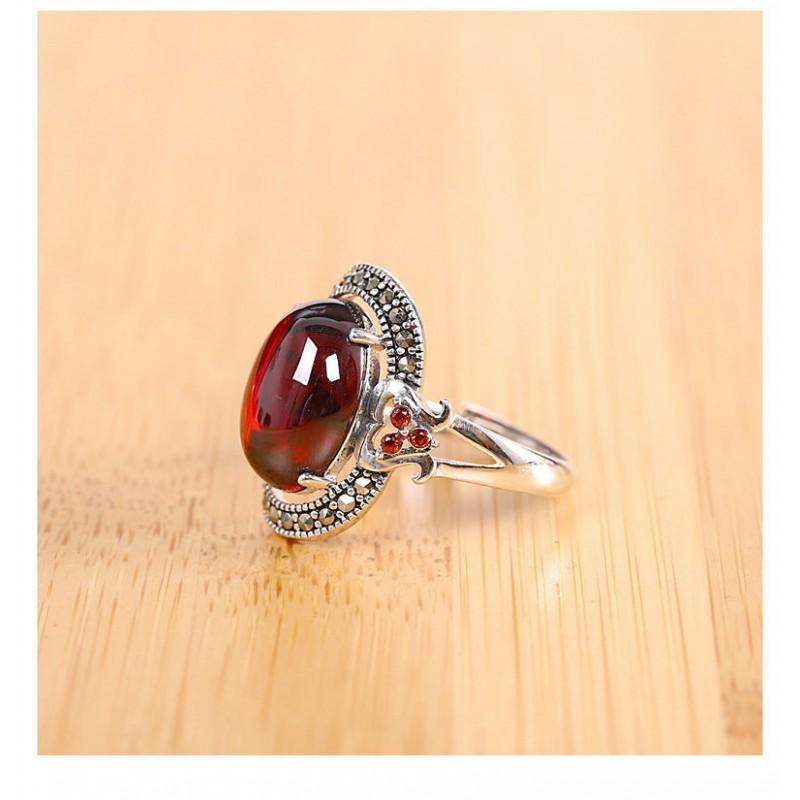 Adjustable Open Ring Women Men Vintage Red Oval Cabochon Boho Statement Finger Copper Jewelry