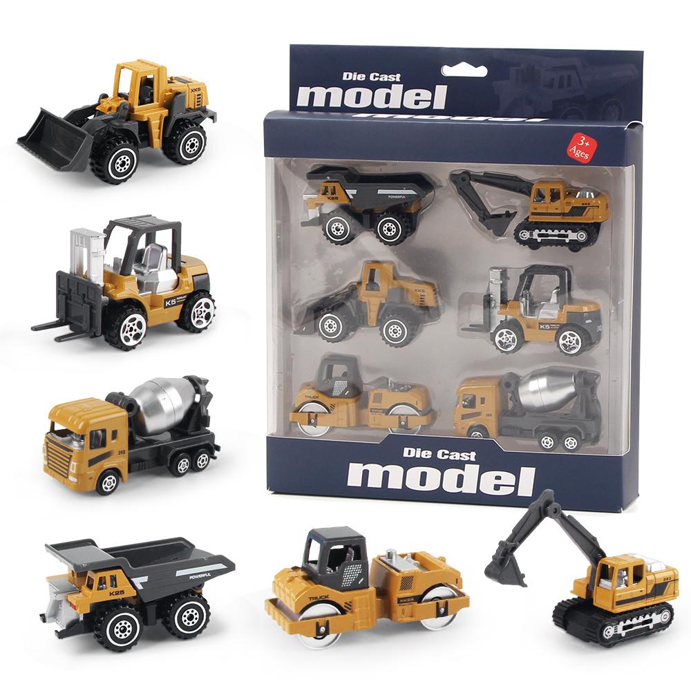 6 pièces/set Camion d'ingénierie en alliage Chargeur Tracteur Excavatrice Véhicules de construction classiques Jouets Jouets éducatifs pour cadeaux d'enfants