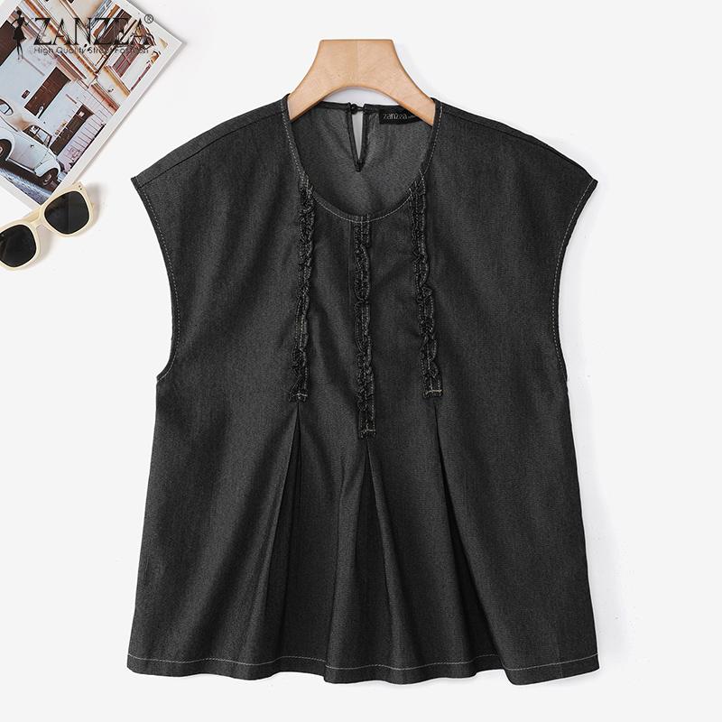 ZANZEA Lässige Bluse mit Rundhalsausschnitt und kurzen Ärmeln für Damen