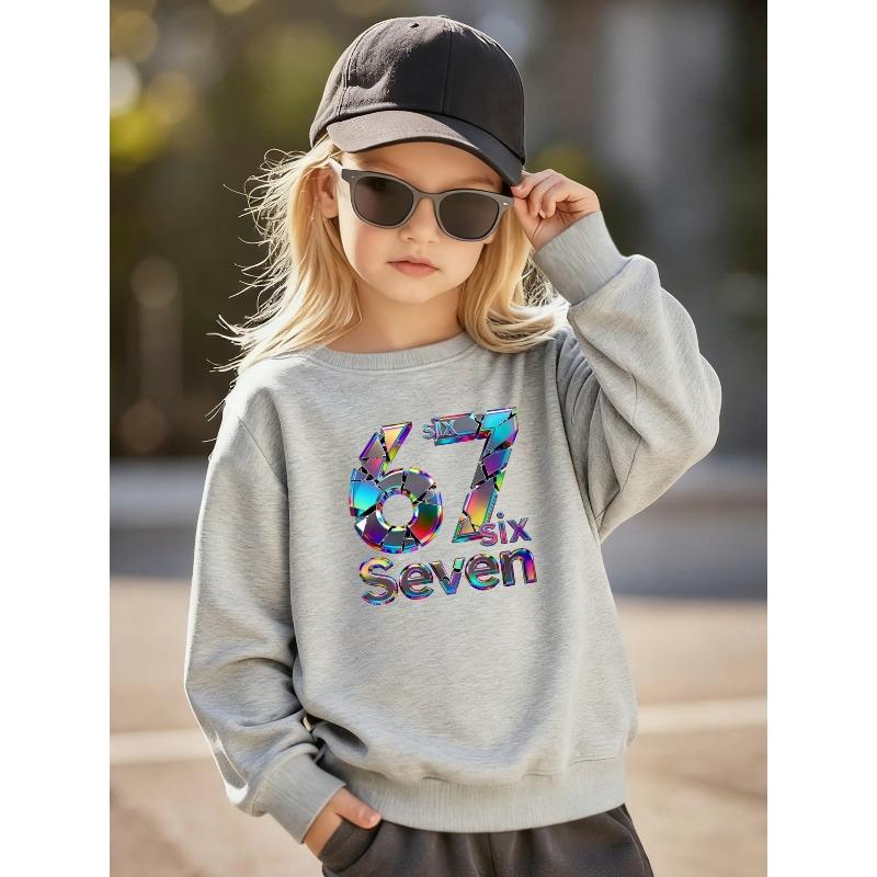 Birthday Gift For Kids Aged 4-12 Rainbow Shattered Mirror Holographic Number 67 SIX SEVEN Graphic Sweatshirt Unisex Boys Girls Black Soft