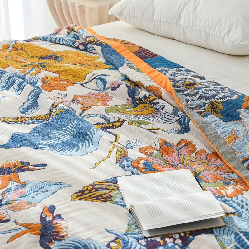Four-layer Gauze Towel Quilt, 100% Cotton, Double-sided Blanket, Richly Adorned with Flowers