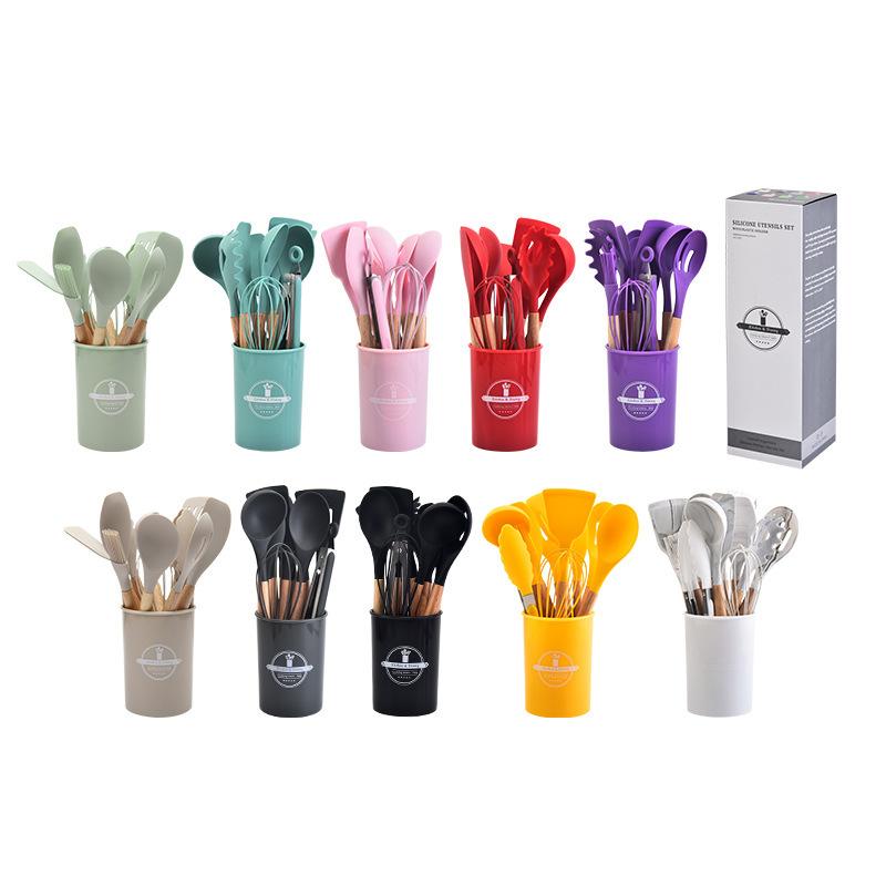 Wooden Handle Silicone Kitchen Utensils 12-Piece Set Nonstick Cooking Spatula Spoon Heat-Resistant Silicone Kitchen Tools Set
