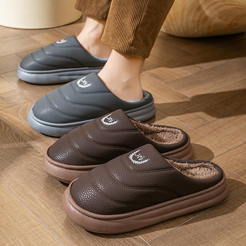 Extra Large Size Cotton Slippers Home Autumn and Winter Waterproof Cotton Shoes Warm Plush Slippers Imitation PU Leather Cotton Mop