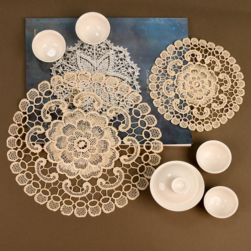 Beige Lace Floral Tablecloth & 3D Coasters Set - Heat-Resistant, Country Style Round Mats