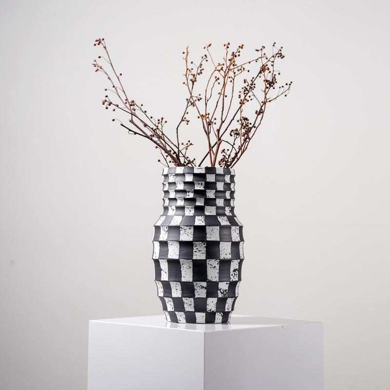 Ceramic Vase Black Check Geometric Striped Flower Pot Flower Vase Ceramic Handicraft Floral Arrangement Accessories