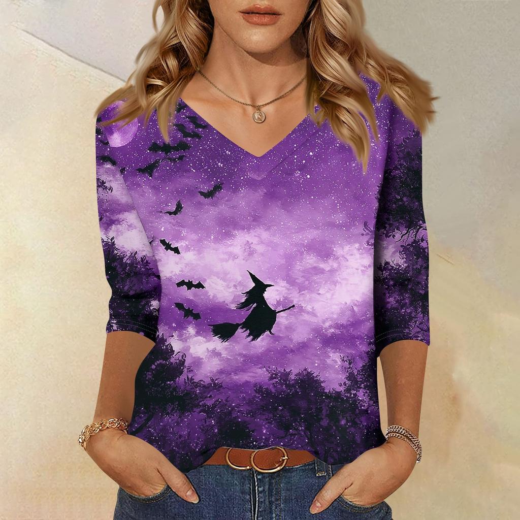 Women's Casual Halloween Print V-Neck Three-Quarter Sleeve Top