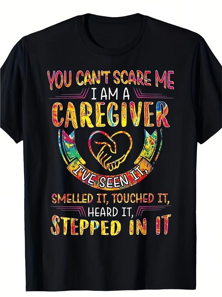 You Can'T Scare Me I'M A Caregiver T Shirt Regular Fit Short Sleeve Tee with Colorful Tie Dye Heart Graphic & Inspirational Quote Outdoor Streetwear F