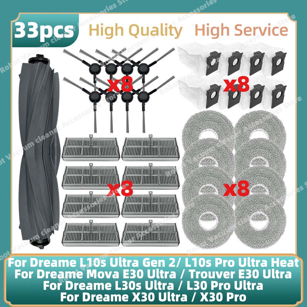 Passend für Dreame L10s Ultra Gen 2 / L10s Pro Ultra Heat / Mova E30 Ultra / Trouver E30 Ultra Ersatzteile: Hauptbürste, Seitenbürste, Filter, Wischbeutel