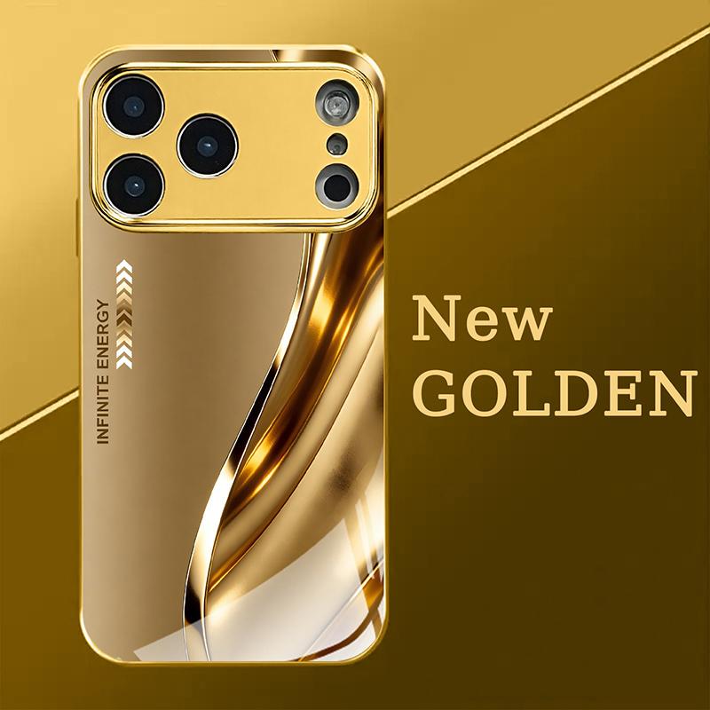 Coque de téléphone en verre motif courbe métallique de luxe peinture métallique dorée pour iPhone 17 Pro Max 11 12 13 14 15 16 Plus 17Air 16E Housse