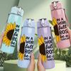 1PC Sunflower Roses Quote 750ml Color Plastic Sports Water Bottle Leakproof Flip Straw Lid Suitable for Sports Office Home Use