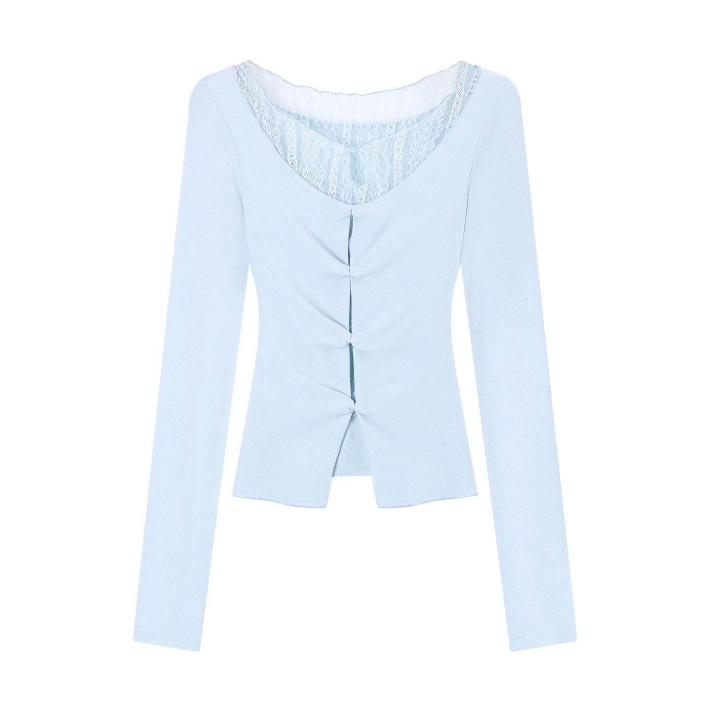 Women s Designer Hollow-Out Faux Two-Piece Long-Sleeve Brushed Cotton T-Shirt Extra Large светло-синий