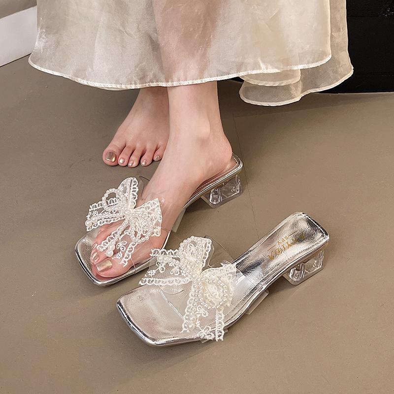 Lace Female Transparent 2025 Fairy Beaded Bow New Sandals Wind Square Head Cool Slippers Thick Heel High Heel Summer