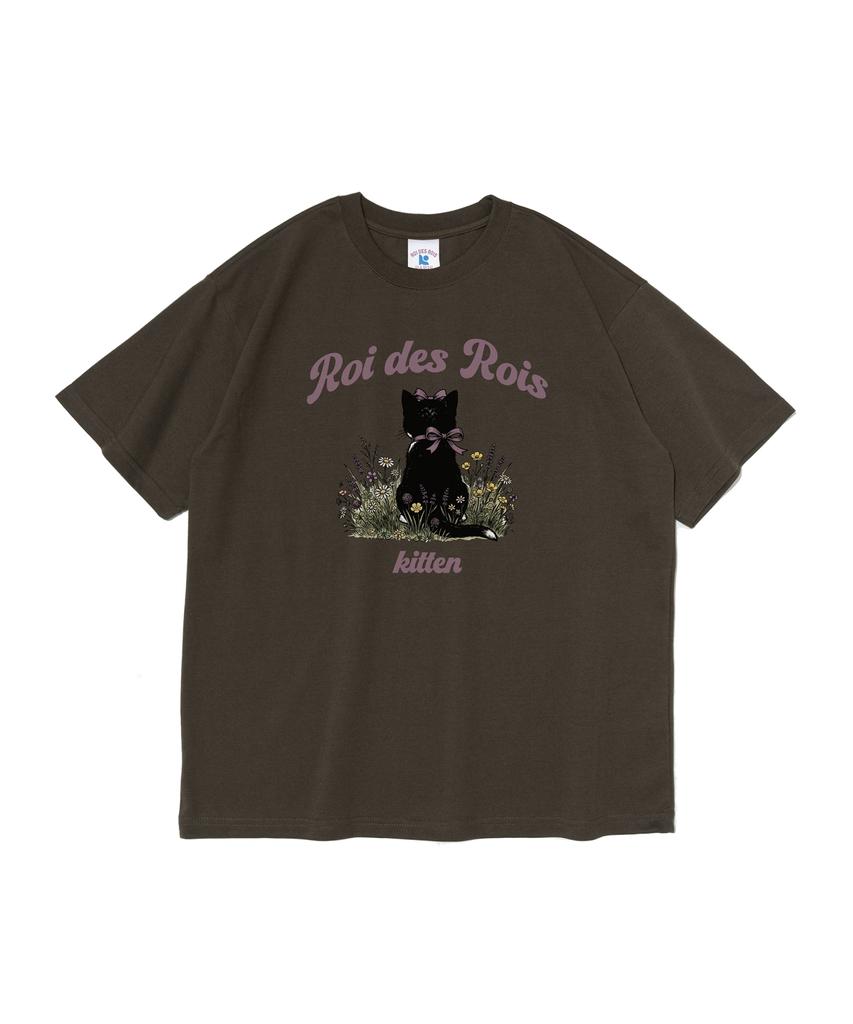 ROIDESROIS Flower Kitten Cat Graphic Short Sleeve T-Shirt (Khaki)