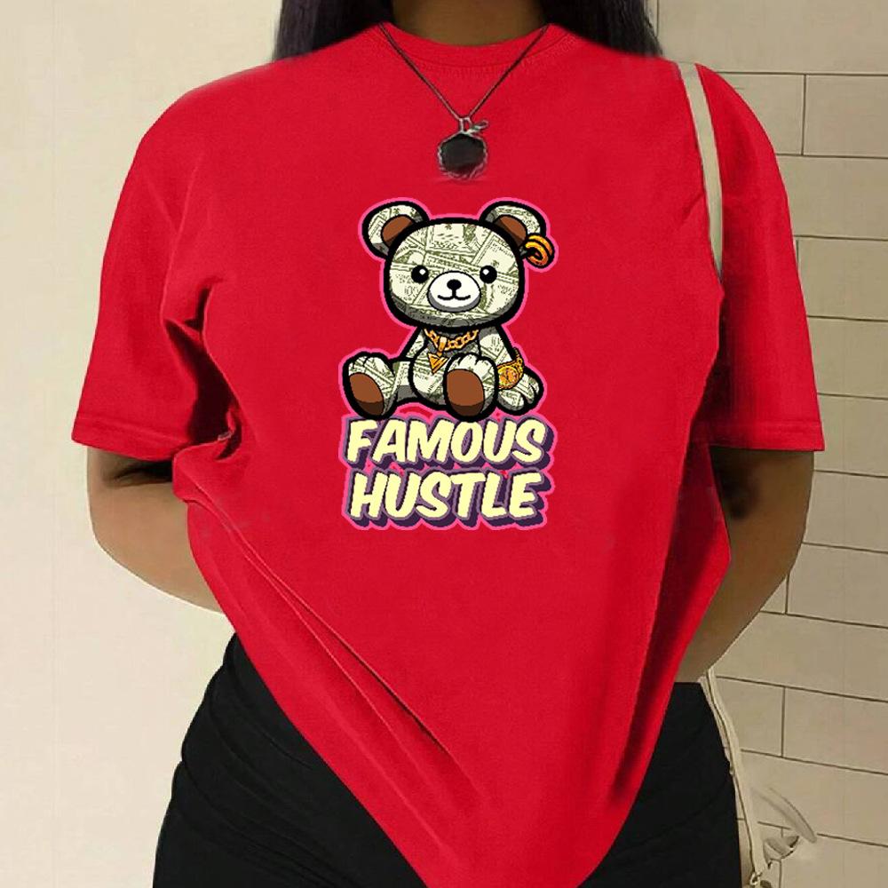 Famous Hustle Cotton T-Shirt Short Sleeve Round Neck Women 2d Print Tops