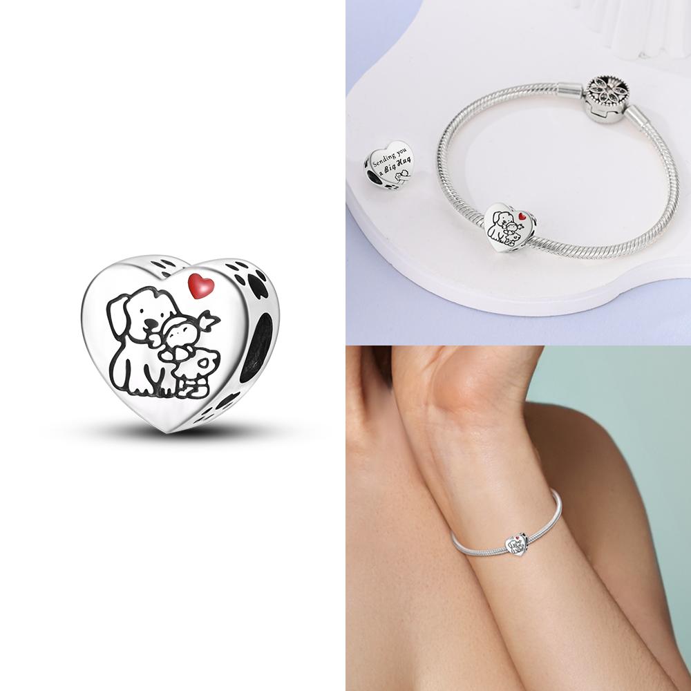 

Authentic copper Pink Zircon Hollow Out Heart Engraved Girl with Cat Hug Dog Paws Bead Compatible With Bracelets Jewellery Diy Accessories