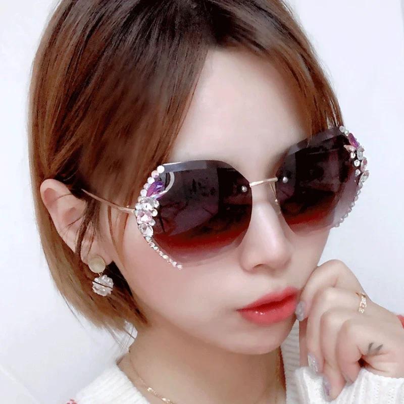 Unisex Oversized Outdor Sunglasses Women Luxury Rimless Diamond Eyewear Shades Large Round Frame UV400 Sun Glasses for Female