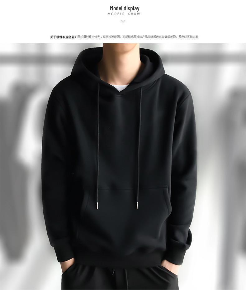 Men's Korean Style Fleece-Lined Hooded Sweatshirt: Thickened, Solid Color, Autumn/Winter Warm Pullover.