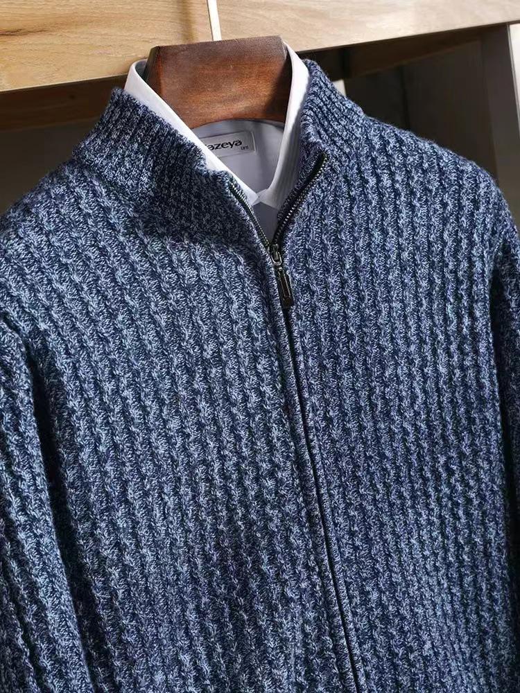 Men's Thickened Wool Knit Cardigan with Stand Collar Zipper Sweater