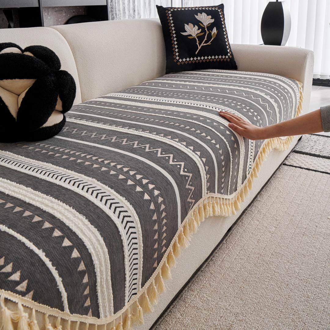 

Богемная кисточка Шенилловая накладка на диван – Геометрический жаккард с бахромой Диванное полотенце, Нескользящий чехол на подушку неправильной формы 90x70cm светло-серый