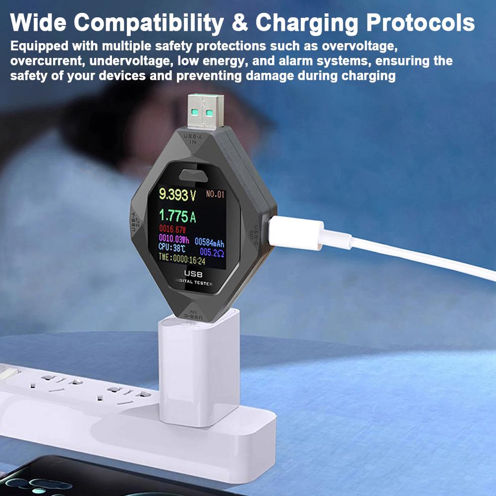 Digital USB-C Power Meter Multi-Function Voltage Current Power Meter Cellphone Charging Detector for Type-C and USB Devices