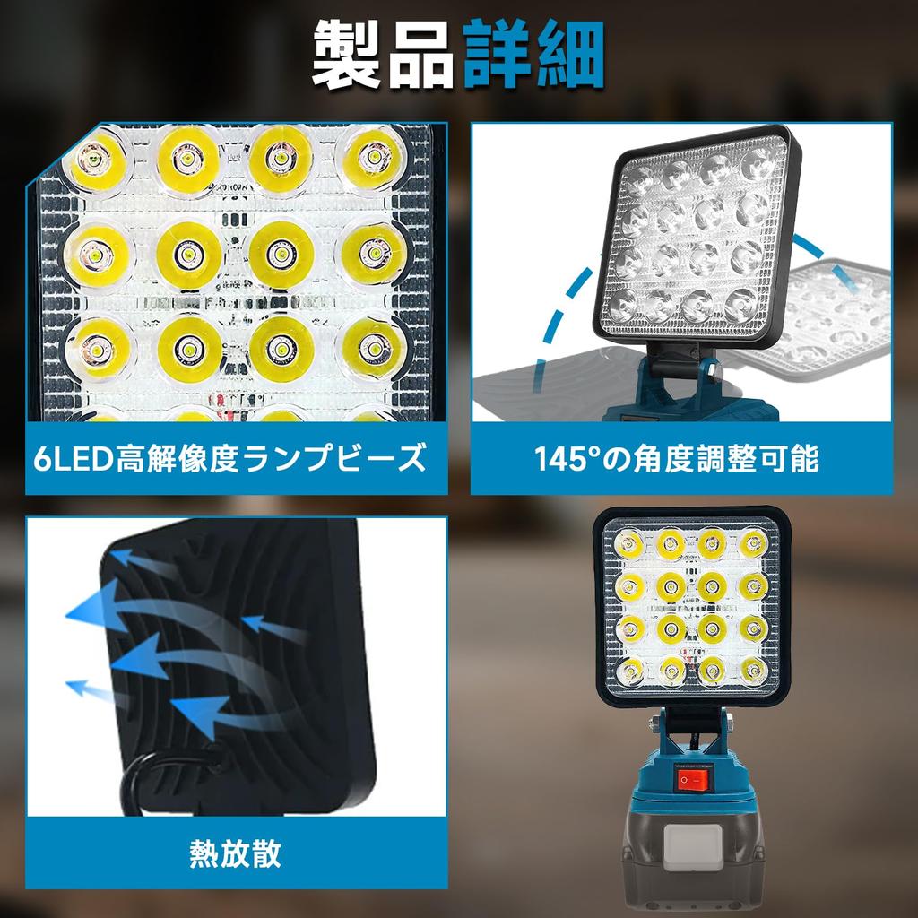 Rechargeable LED Floodlight, Cordless Work Light, Compatible with 14.4V18V, IP66 Waterproof, 4000LM, Fishing Light, Dual Output Charging Ports, Ideal